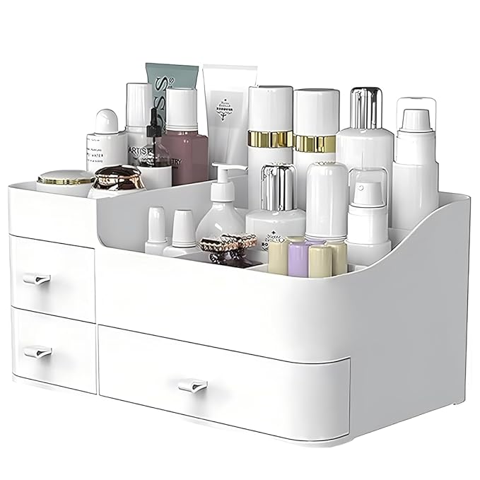 Makeup Organiser with Drawers,Large Capacity Counter top Organiser for Vanity,Bathroom and Bedroom Desk Cosmetics Organiser for Skin Care,Brushes, Eye-shadow, Lotions, Lipstick - White