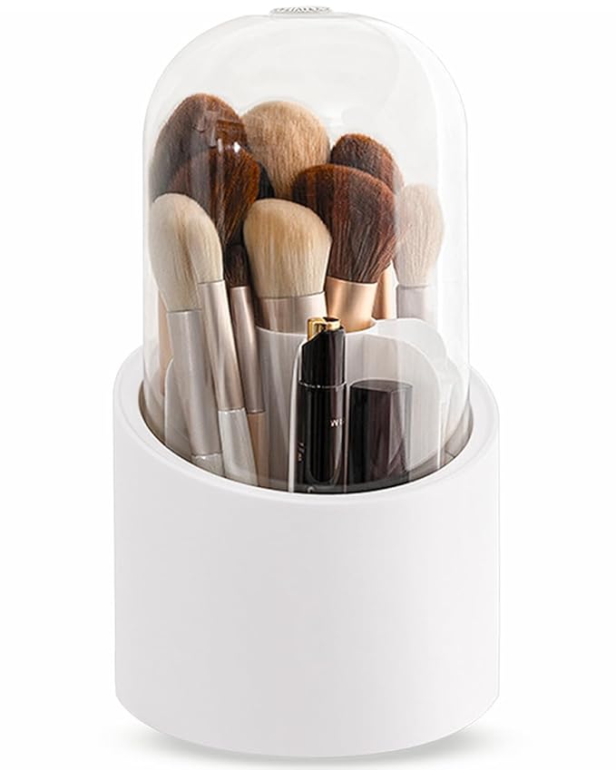 Makeup Brush Holder Organizer with Lid, Rotating Dustproof Make Up Brushes Container with Clear Acrylic Cover, Spinning Cosmetics Holders Storage Cup for Vanity Desktop Bathroom Countertop