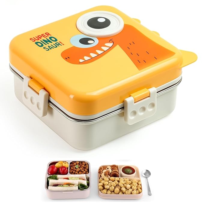 Yellow Kids Lunch Box – Stainless Steel (SUS304) Insulated Tiff-in for School with Spoon, BPA-Free | Leak-Resistant Box with Tray &amp; Container | 1120ml + 70ml (Yellow, Super Dinosaur)