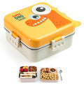 Yellow Kids Lunch Box – Stainless Steel (SUS304) Insulated Tiff-in for School with Spoon, BPA-Free | Leak-Resistant Box with Tray &amp; Container | 1120ml + 70ml (Yellow, Super Dinosaur)