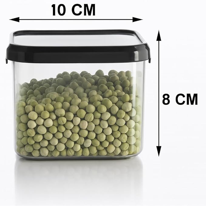 Veda Food Storage Containers with Black Lids,10 x 8 cm, Square Shape,Air Tight Kitchen Containers Set (Pack of 6, 500 ML) for Storage Pulses, Cereal,s Grains, Dry Fruits,BPA Free,Transparent Plastic