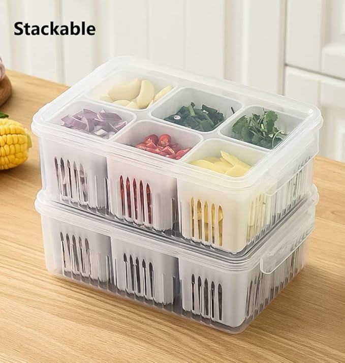 Food Storage Box With Lid and 6 Compartments, Refrigerator Stackable Food Fruit Storage Containers, Detachable Kitchen Storage & Organisation(6 Compartment Fridge Storage box (1)
