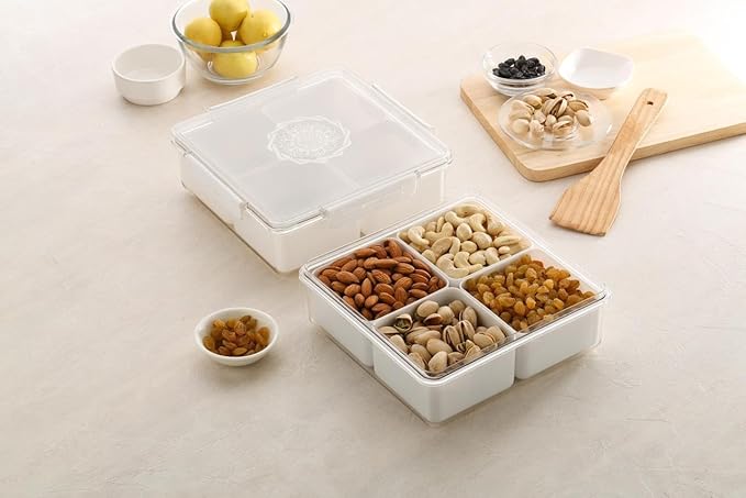 Dry Fruit Box for Gift, Decorate Your Dining Table on This Diwali with dryfruit Storage Container airtight, Masala Box for Kitchen, 4 Compartment Lunch Box (white)
