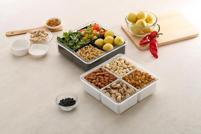 Dry Fruit Box for Gift, Decorate Your Dining Table on This Diwali with dryfruit Storage Container airtight, Masala Box for Kitchen, 4 Compartment Lunch Box (white)
