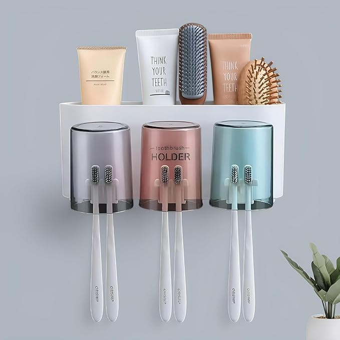 Wall Mounted Toothbrush Holder with 3 Mouthwash Cups | Bathroom Toothbrush Organizer | Multi-Compartment, Dustproof & BPA-Free Brush Holder for Bathroom Storage