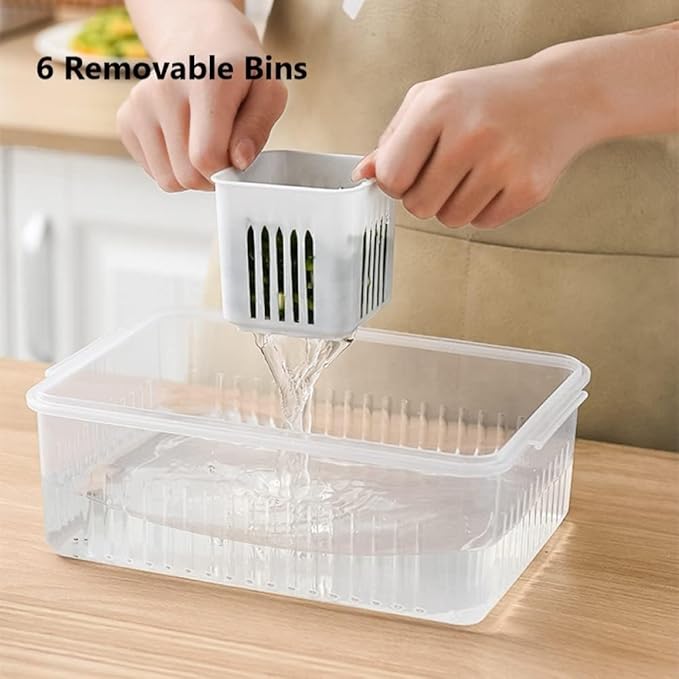 Food Storage Box With Lid and 6 Compartments, Refrigerator Stackable Food Fruit Storage Containers, Detachable Kitchen Storage & Organisation(6 Compartment Fridge Storage box (1)