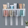 Wall Mounted Toothbrush Holder with 4 Mouthwash Cups | Bathroom Toothbrush Organizer | Multi-Compartment, Dustproof & BPA-Free Brush Holder for Bathroom Storage