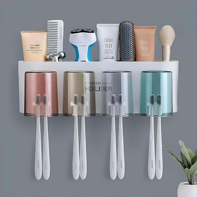 Wall Mounted Toothbrush Holder with 4 Mouthwash Cups | Bathroom Toothbrush Organizer | Multi-Compartment, Dustproof & BPA-Free Brush Holder for Bathroom Storage