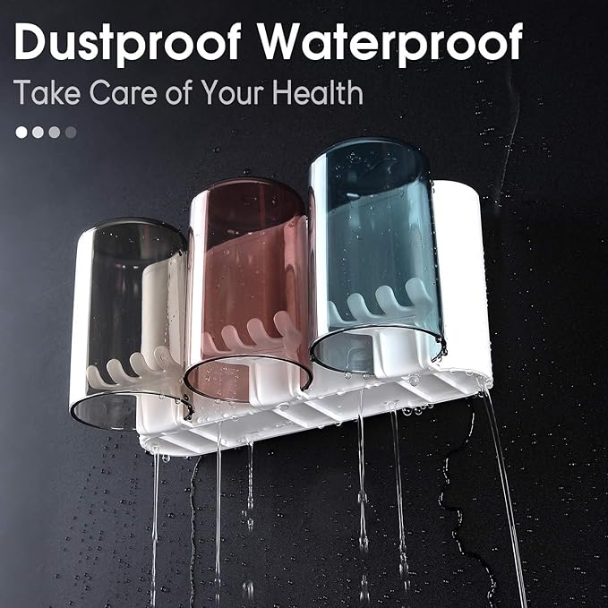 Wall Mounted Toothbrush Holder with 4 Mouthwash Cups | Bathroom Toothbrush Organizer | Multi-Compartment, Dustproof & BPA-Free Brush Holder for Bathroom Storage