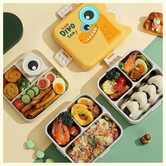 Yellow Kids Lunch Box – Stainless Steel (SUS304) Insulated Tiff-in for School with Spoon, BPA-Free | Leak-Resistant Box with Tray &amp; Container | 1120ml + 70ml (Yellow, Super Dinosaur)