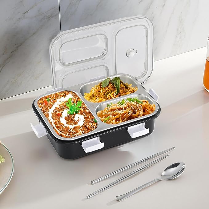 Stainless Steel 3 Compartment Lunch Box | 750 ML Airtight Leakproof Office Lunch Box for Men | Lunch Box for School Kids and Adults | Spoon & Pair of Chopsticks Tiffin Box | Black