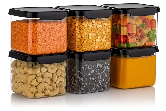 Veda Food Storage Containers with Black Lids,10 x 8 cm, Square Shape,Air Tight Kitchen Containers Set (Pack of 6, 500 ML) for Storage Pulses, Cereal,s Grains, Dry Fruits,BPA Free,Transparent Plastic