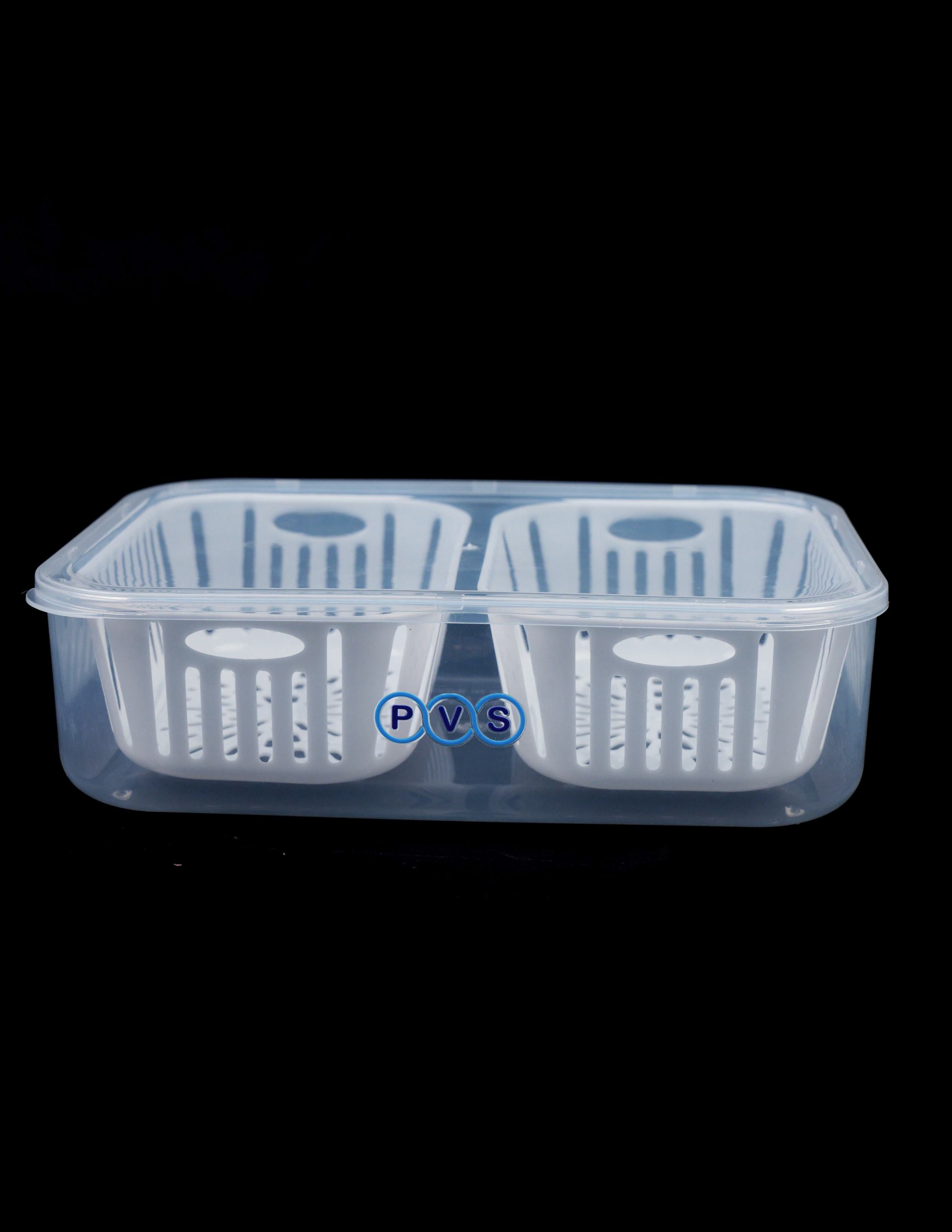 2 comaprtment Airtight Fridge food storage container-Removable Drain Tray Cup Kitchen Ingredients Box - Refrigerator Organizer for Fruit Ginger Garlic Onion Green Coriander (2 CUP 1 UNIT)