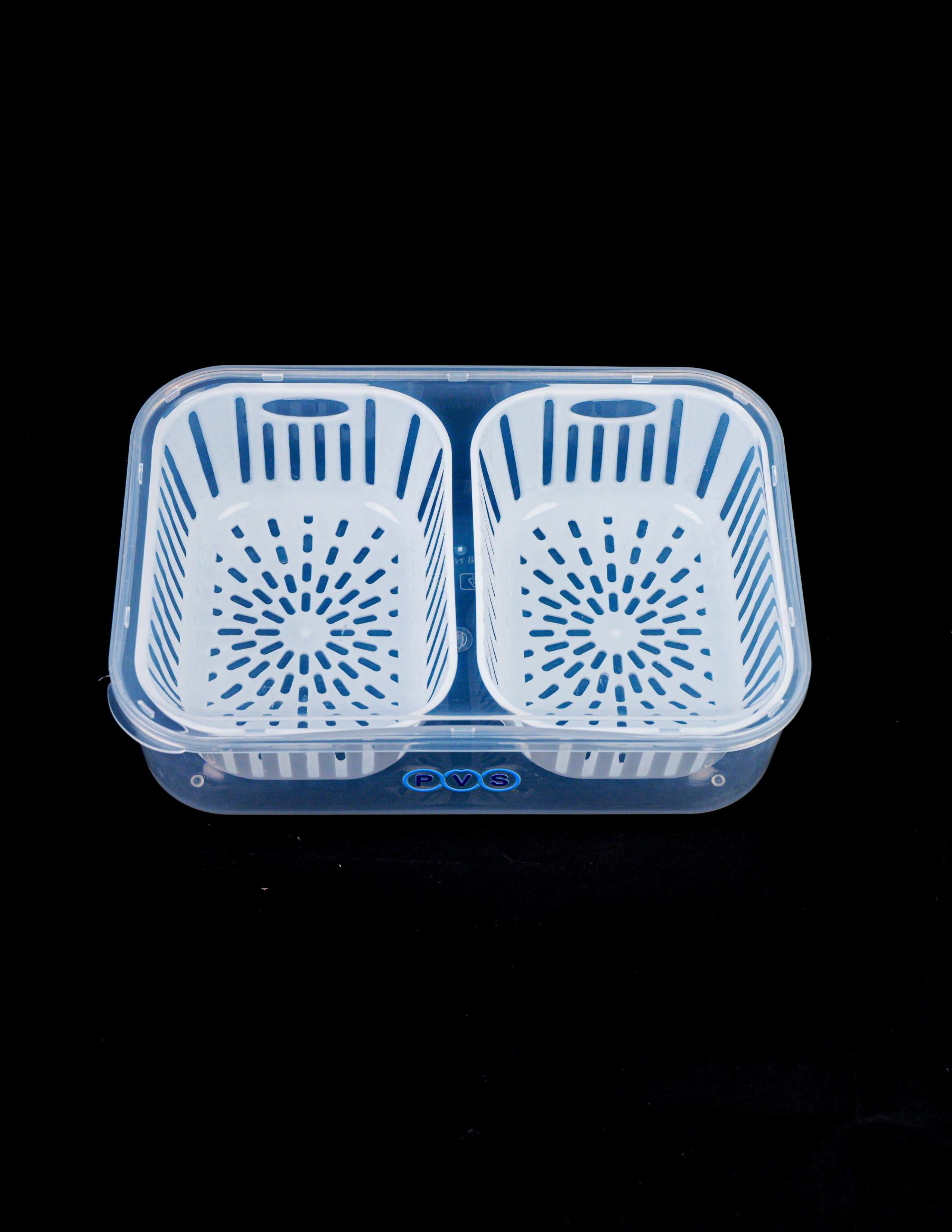 2 comaprtment Airtight Fridge food storage container-Removable Drain Tray Cup Kitchen Ingredients Box - Refrigerator Organizer for Fruit Ginger Garlic Onion Green Coriander (2 CUP 1 UNIT)