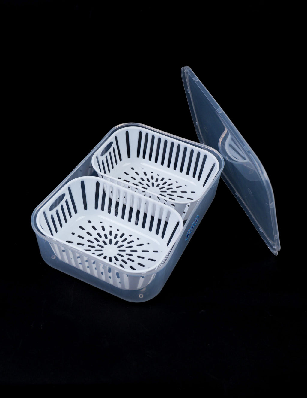 2 comaprtment Airtight Fridge food storage container-Removable Drain Tray Cup Kitchen Ingredients Box - Refrigerator Organizer for Fruit Ginger Garlic Onion Green Coriander (2 CUP 1 UNIT)