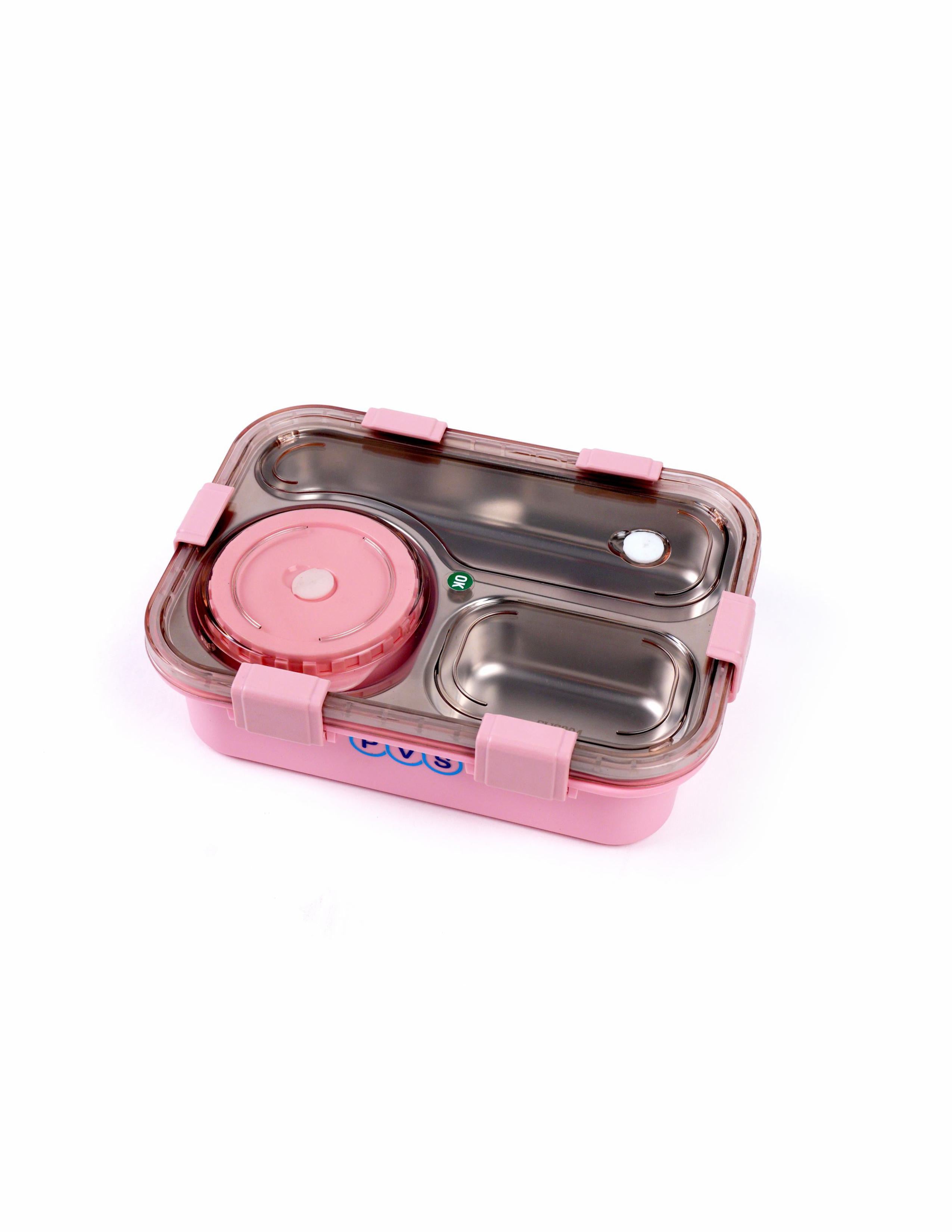 Koi Koi Lunch Box 3 Compartment Out Side-Leak-Proof BPA Free Stainless Steel, Lunch Box for Girls, Lunch Box for School with a Spoon and a Pair of Chopsticks 750 ml (Pink)