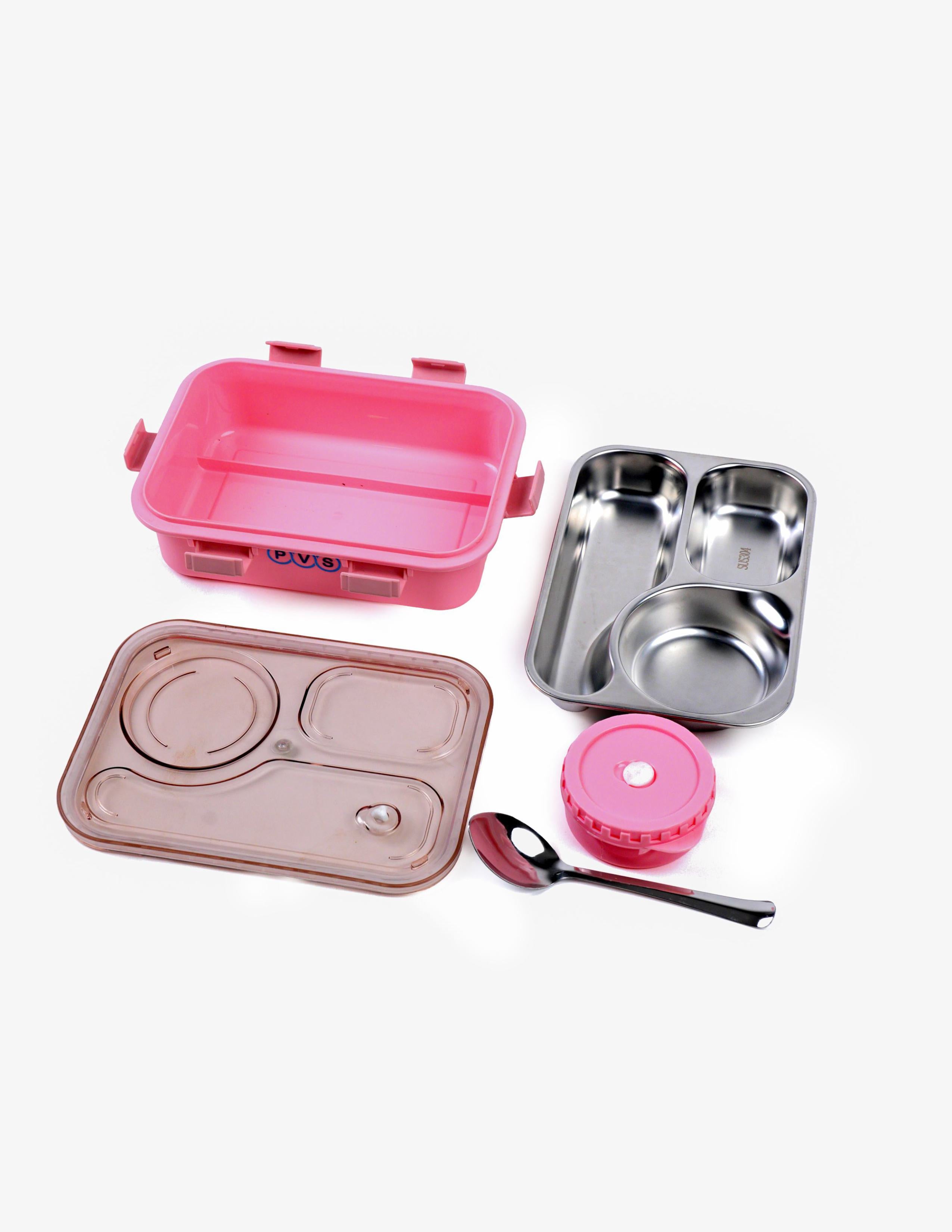 Koi Koi Lunch Box 3 Compartment Out Side-Leak-Proof BPA Free Stainless Steel, Lunch Box for Girls, Lunch Box for School with a Spoon and a Pair of Chopsticks 750 ml (Pink)