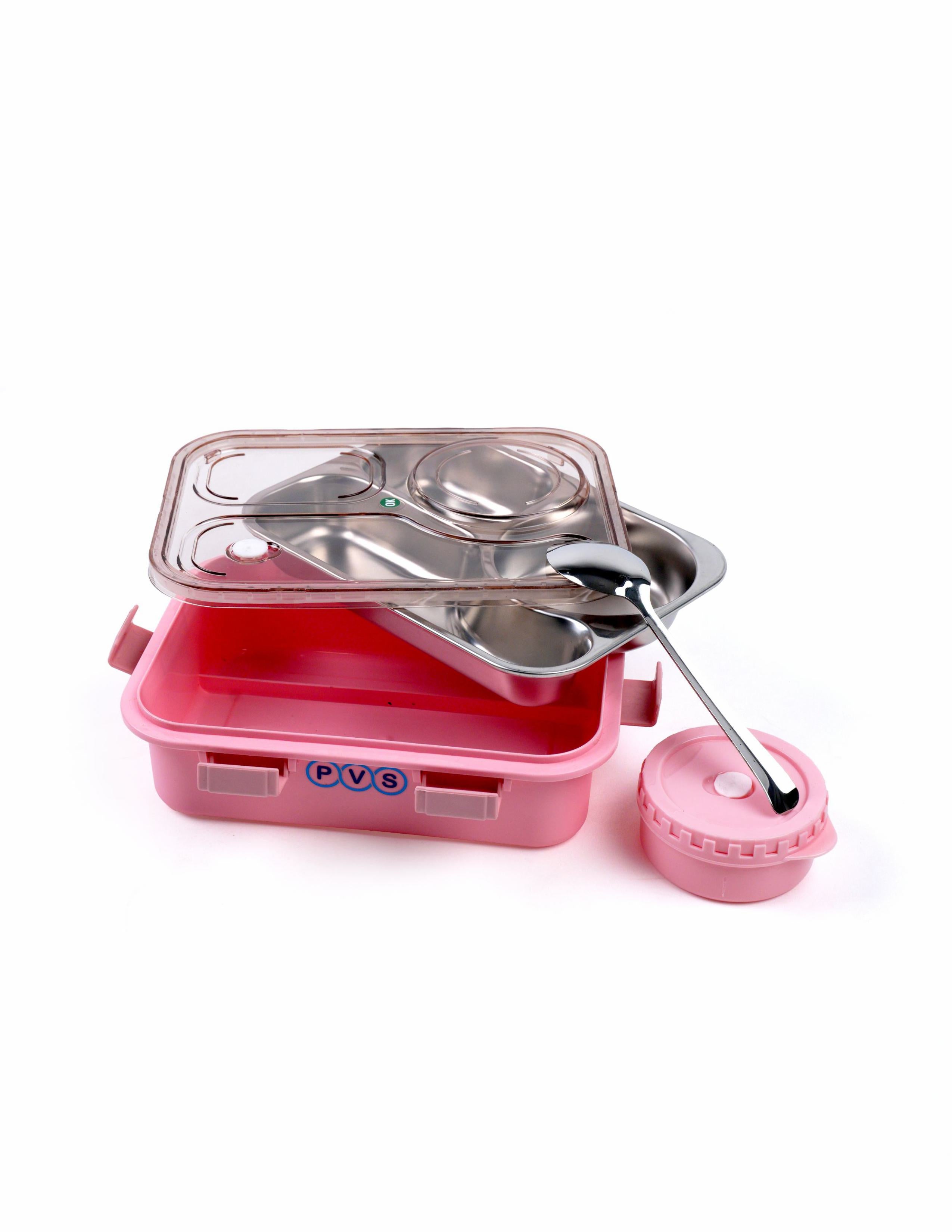 Koi Koi Lunch Box 3 Compartment Out Side-Leak-Proof BPA Free Stainless Steel, Lunch Box for Girls, Lunch Box for School with a Spoon and a Pair of Chopsticks 750 ml (Pink)