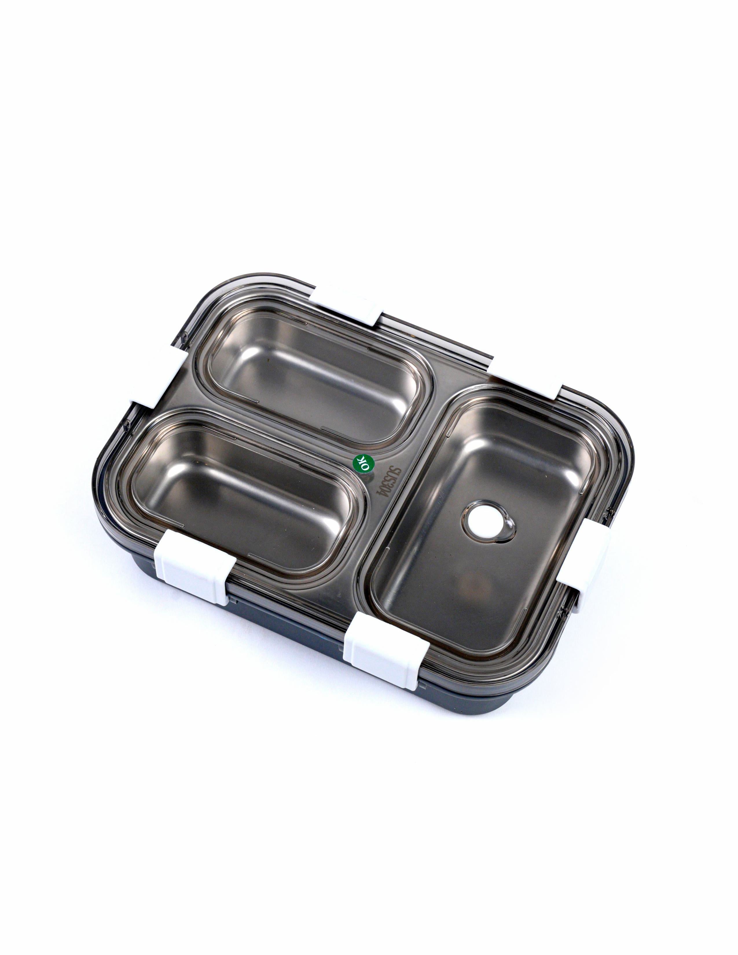 Stainless Steel 3 Compartment Lunch Box | 750 ML Airtight Leakproof Office Lunch Box for Men | Lunch Box for School Kids and Adults | Spoon & Pair of Chopsticks Tiffin Box | Black