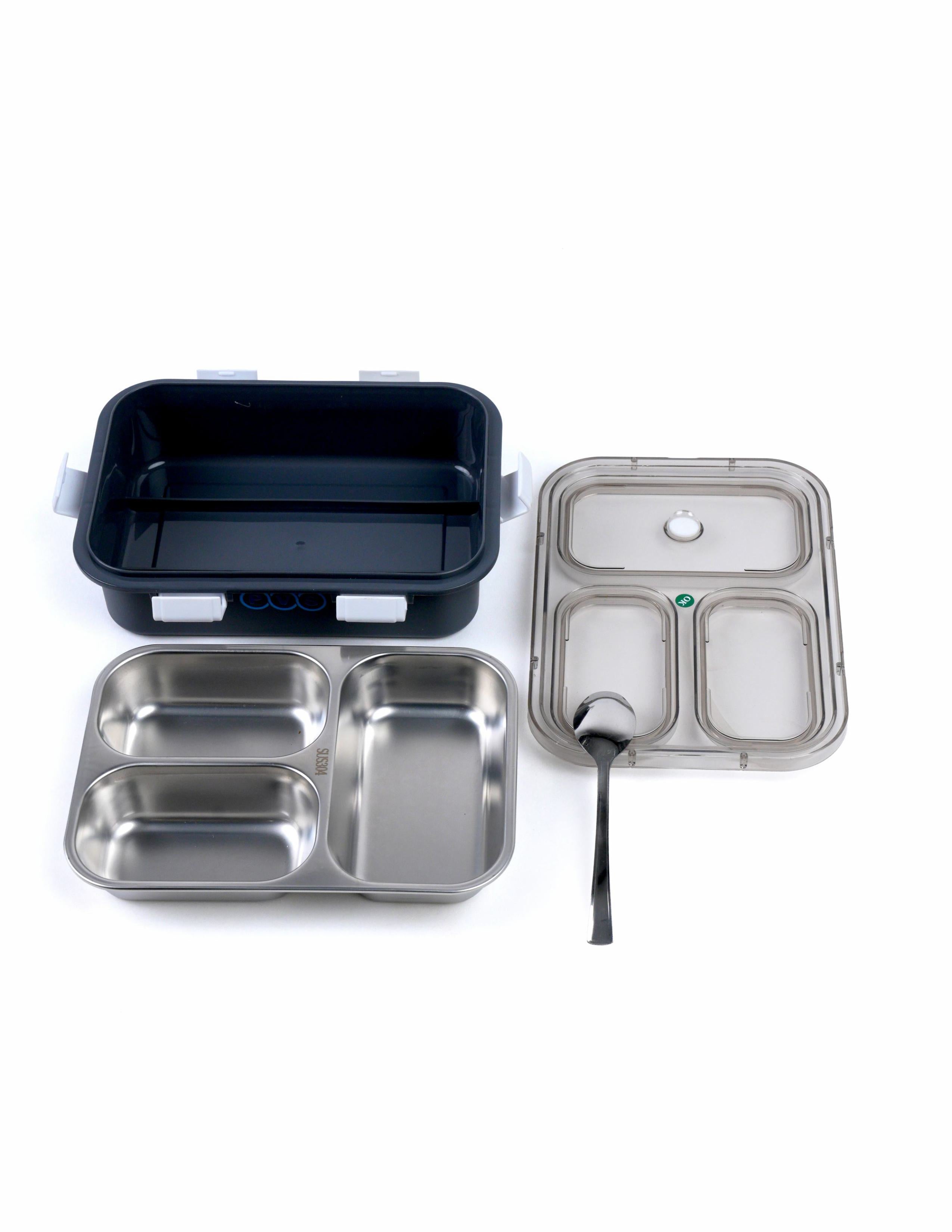 Stainless Steel 3 Compartment Lunch Box | 750 ML Airtight Leakproof Office Lunch Box for Men | Lunch Box for School Kids and Adults | Spoon & Pair of Chopsticks Tiffin Box | Black