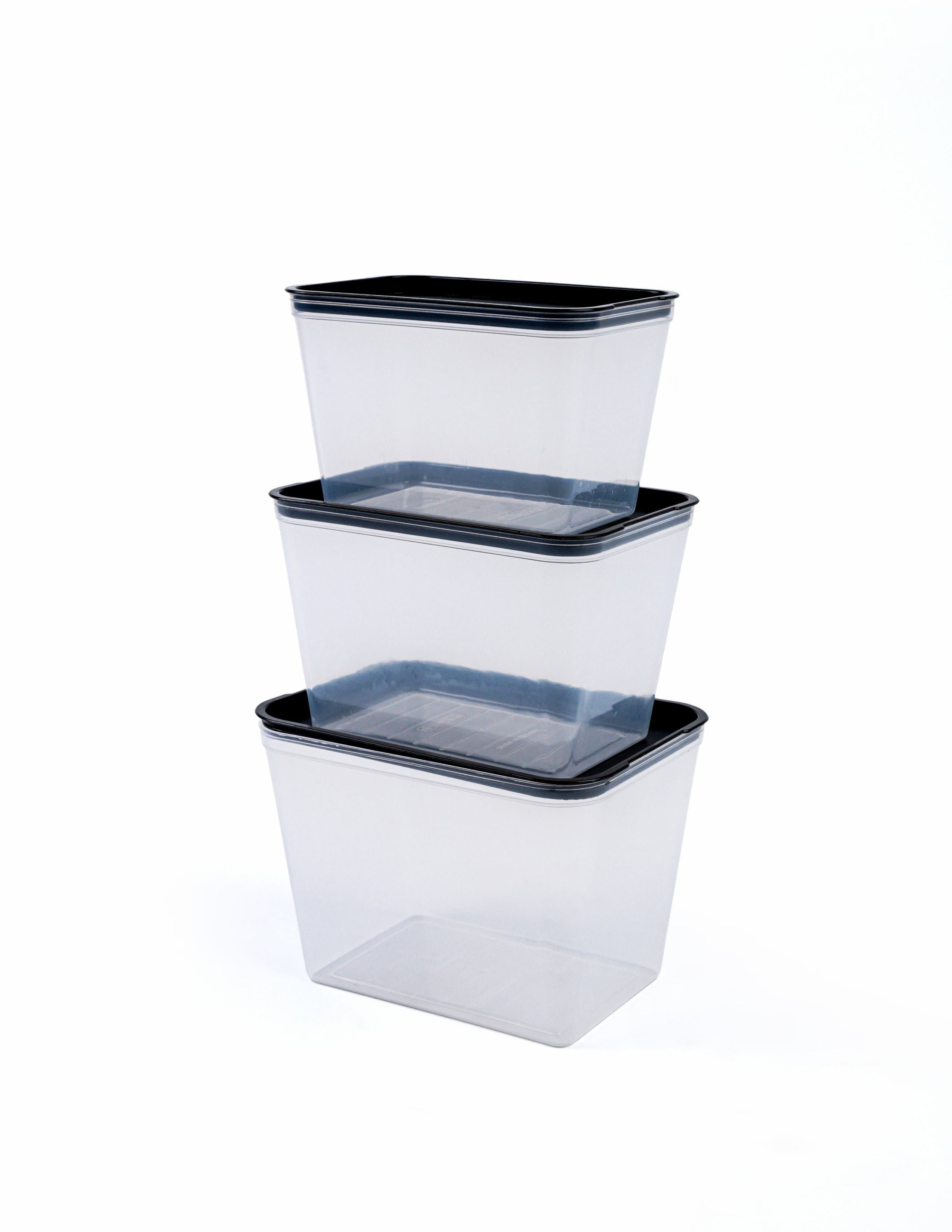 Set of stackable plastic fridge storage boxes with black airtight lids (Pack of 3)