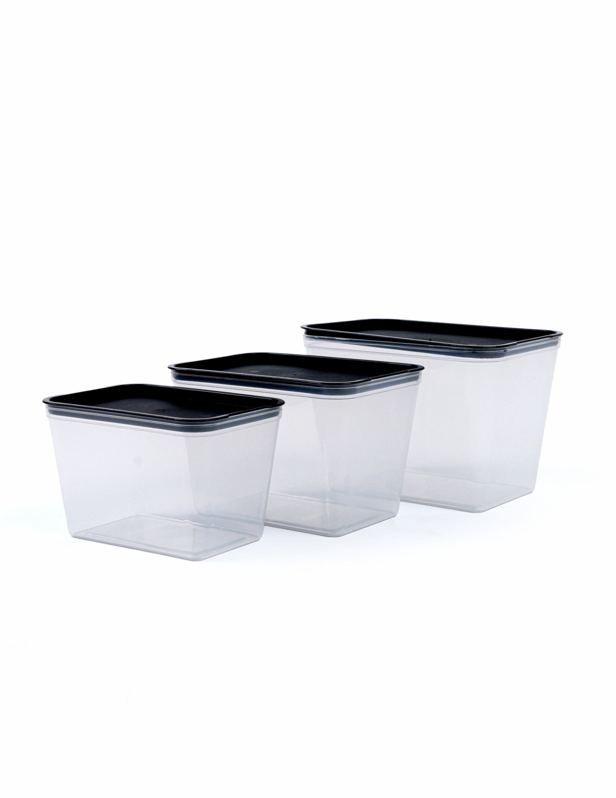 Set of stackable plastic fridge storage boxes with black airtight lids (Pack of 3)
