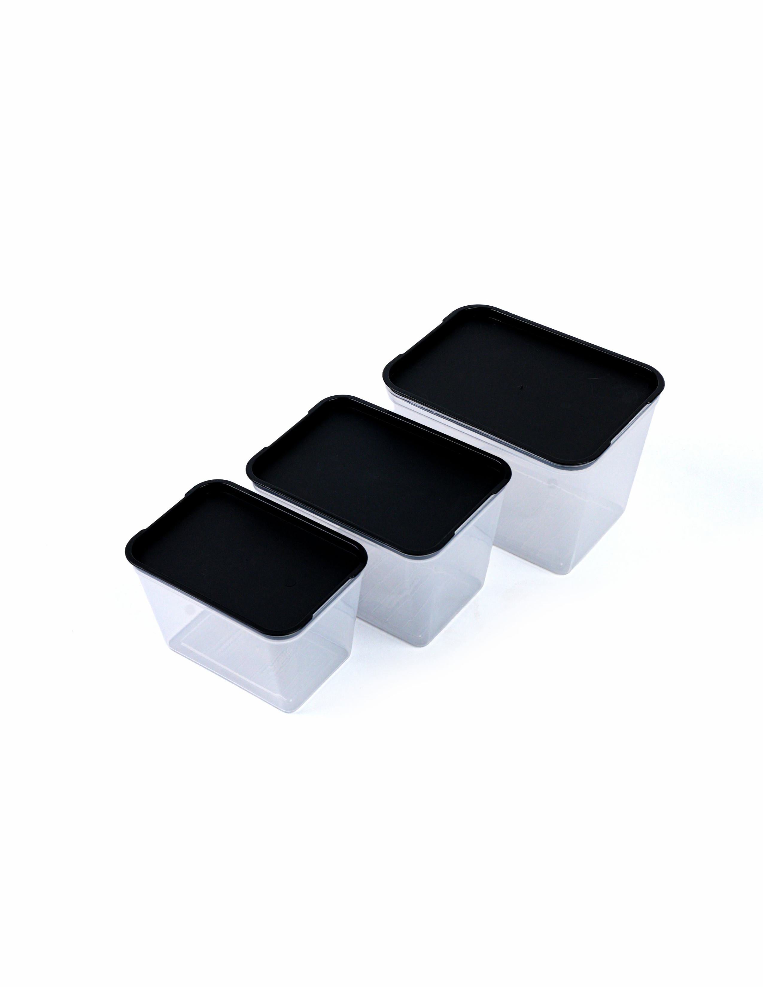 Set of stackable plastic fridge storage boxes with black airtight lids (Pack of 3)