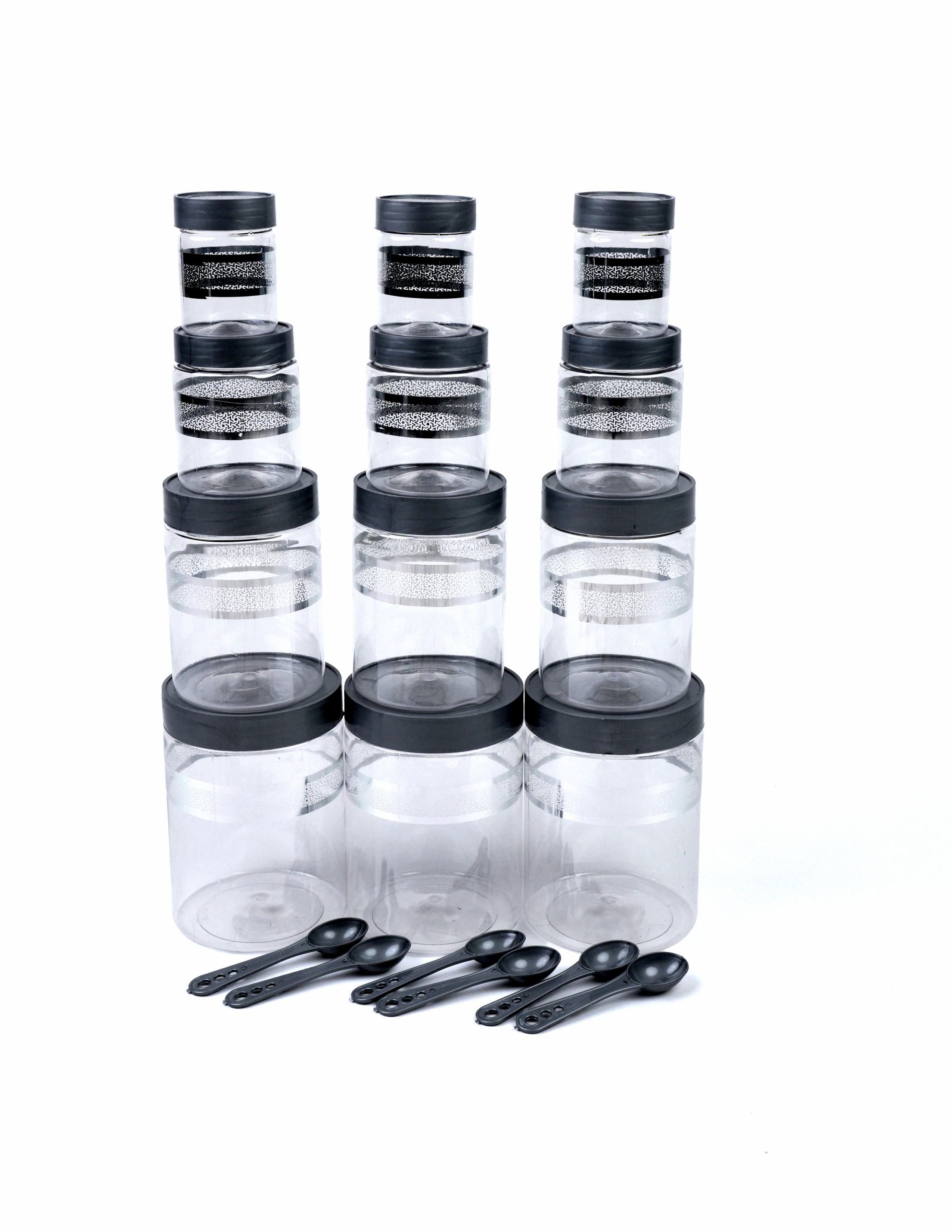 Kitchen Accessories Items, Plastic Storage Containers Jars with Plastic Cap - 100% Food Grade, Airtight, (12 Pcs) (Silver)