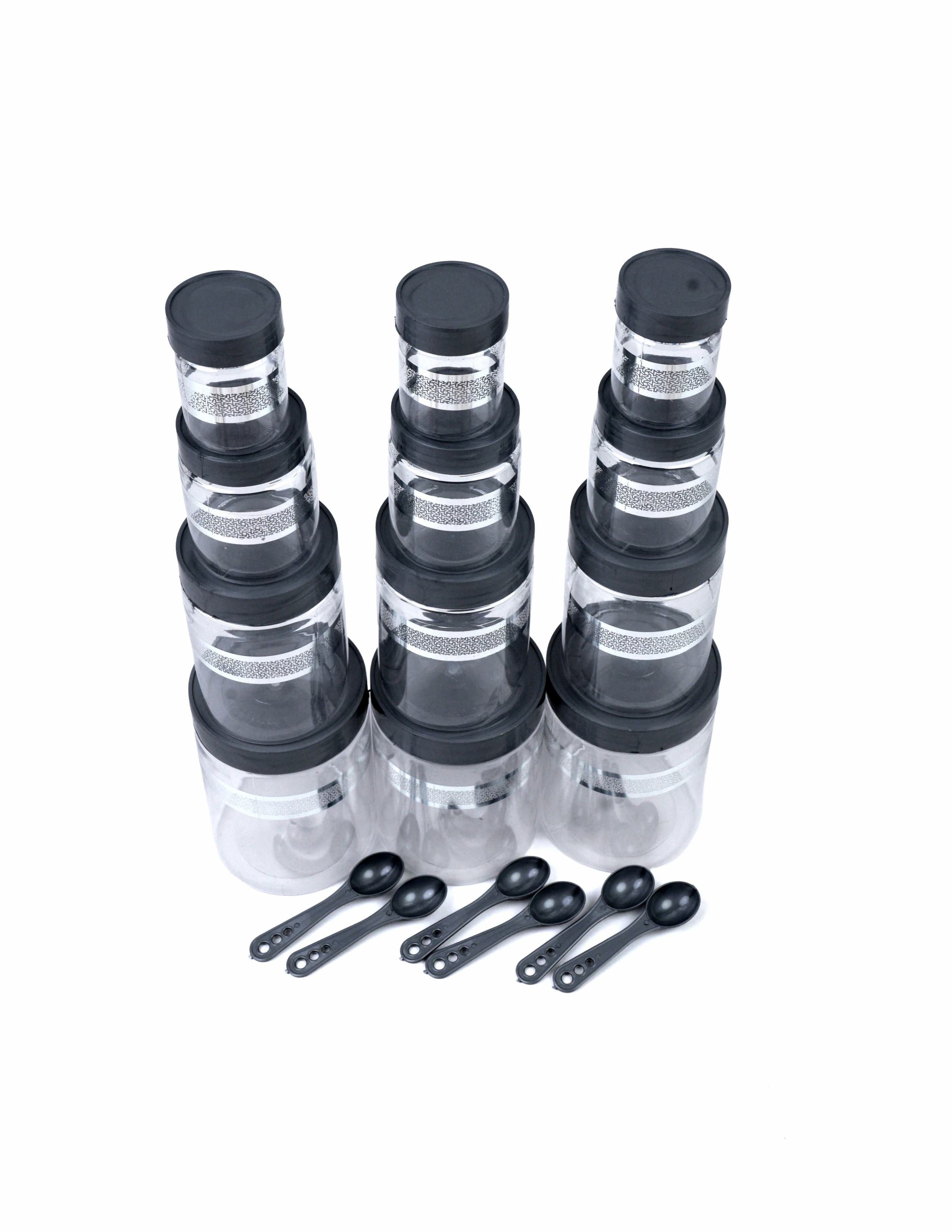 Kitchen Accessories Items, Plastic Storage Containers Jars with Plastic Cap - 100% Food Grade, Airtight, (12 Pcs) (Silver)