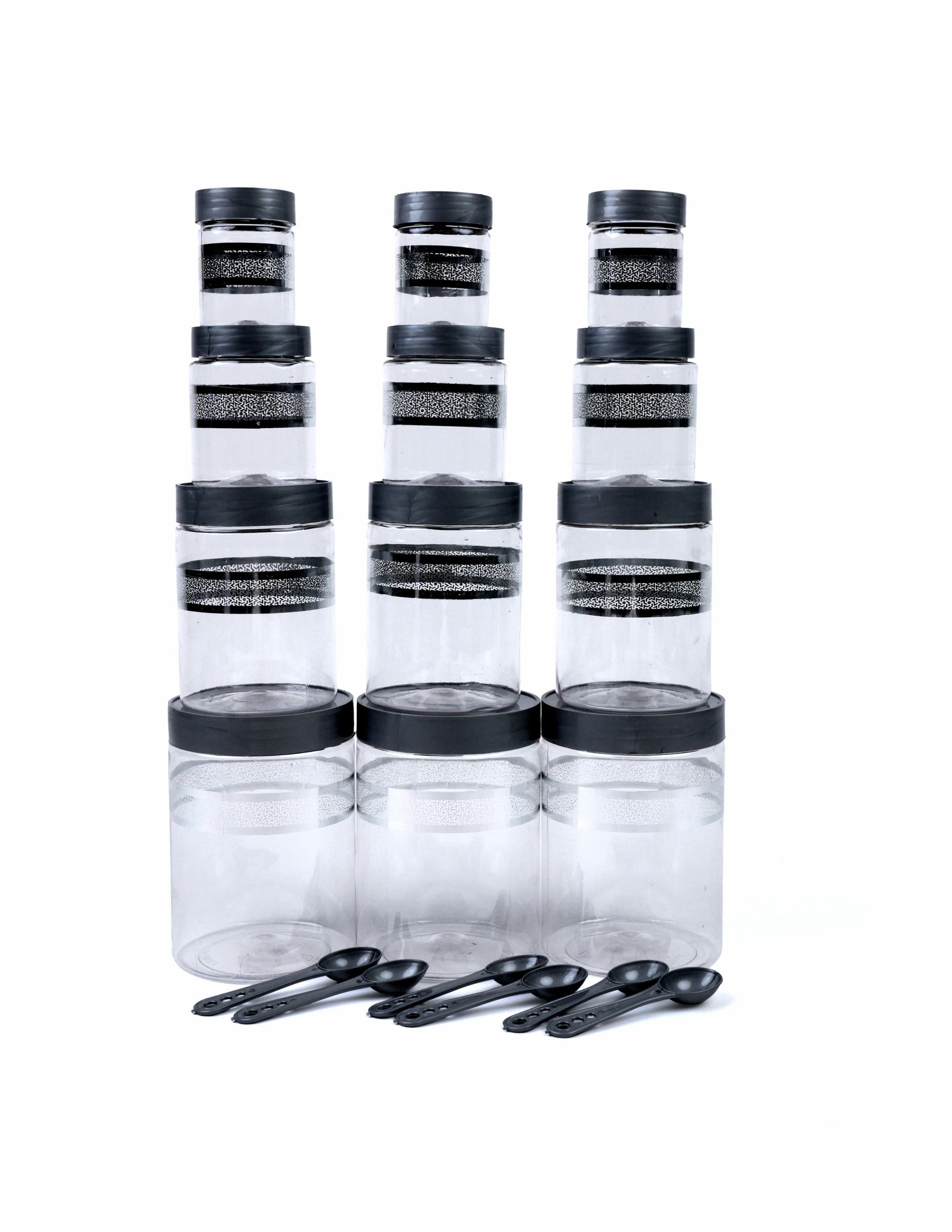 Kitchen Accessories Items, Plastic Storage Containers Jars with Plastic Cap - 100% Food Grade, Airtight, (12 Pcs) (Silver)