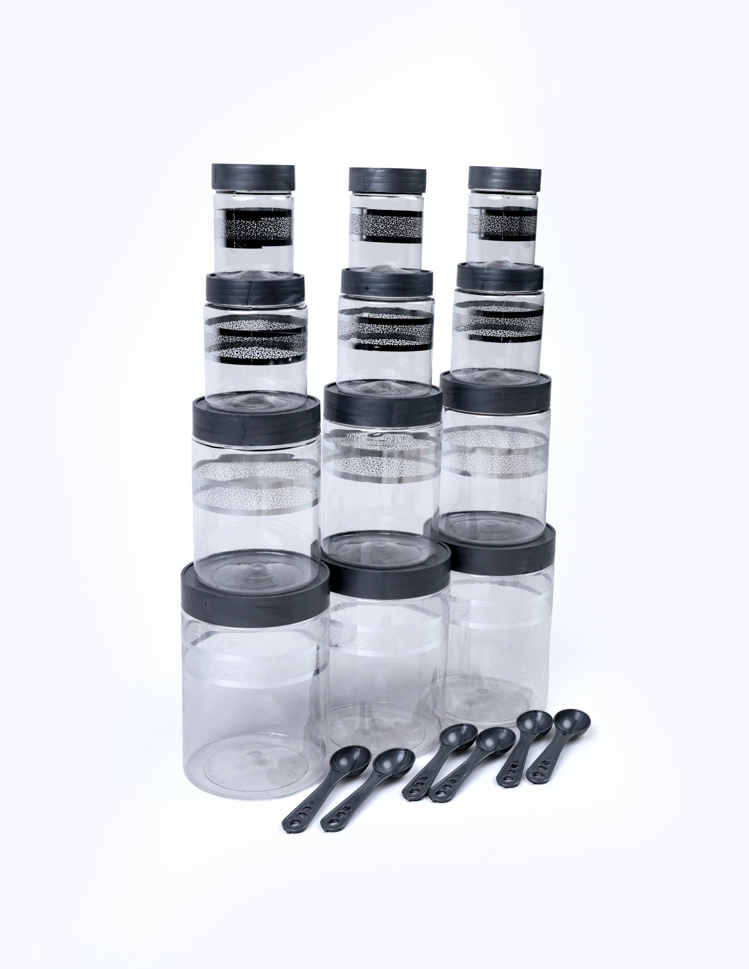 Kitchen Accessories Items, Plastic Storage Containers Jars with Plastic Cap - 100% Food Grade, Airtight, (12 Pcs) (Silver)