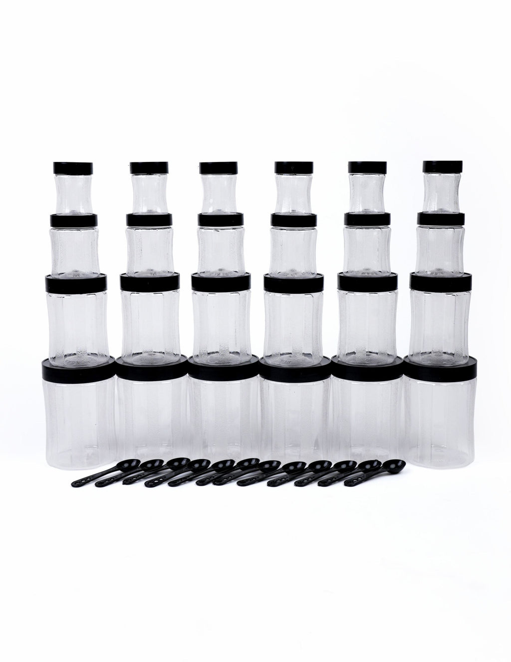 Pack Of 24 Premium Black Curvy Unbreakable Air Tight Curvy Plastic Containers Set for Kitchen Storage Container, Storage Container Jar, Plastic Grocery Container Round Dabba With Spoon Grocery Box with Different Capacities