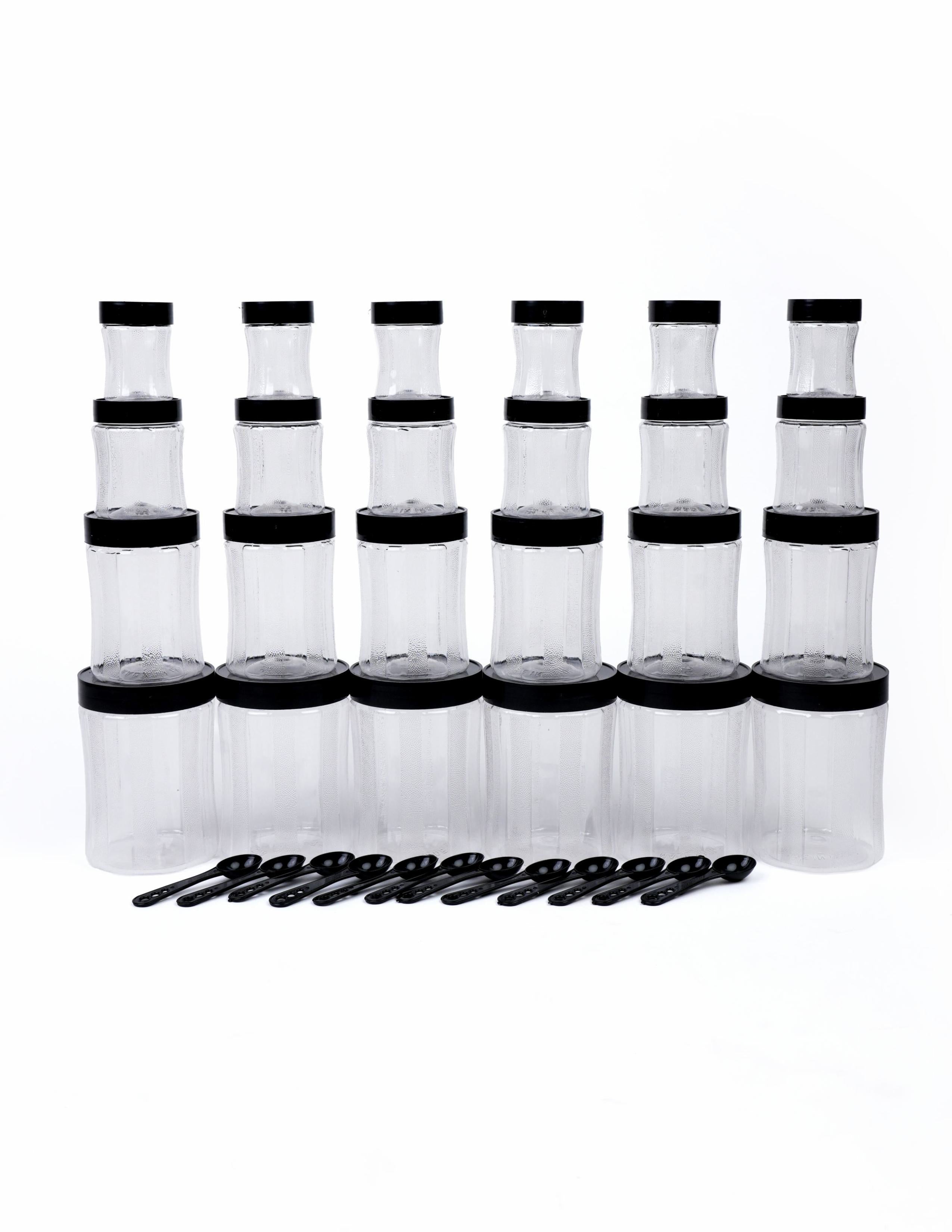 Pack Of 24 Premium Black Curvy Unbreakable Air Tight Curvy Plastic Containers Set for Kitchen Storage Container, Storage Container Jar, Plastic Grocery Container Round Dabba With Spoon Grocery Box with Different Capacities