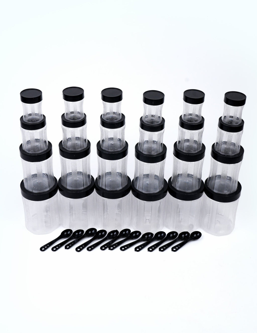 Pack Of 24 Premium Black Curvy Unbreakable Air Tight Curvy Plastic Containers Set for Kitchen Storage Container, Storage Container Jar, Plastic Grocery Container Round Dabba With Spoon Grocery Box with Different Capacities
