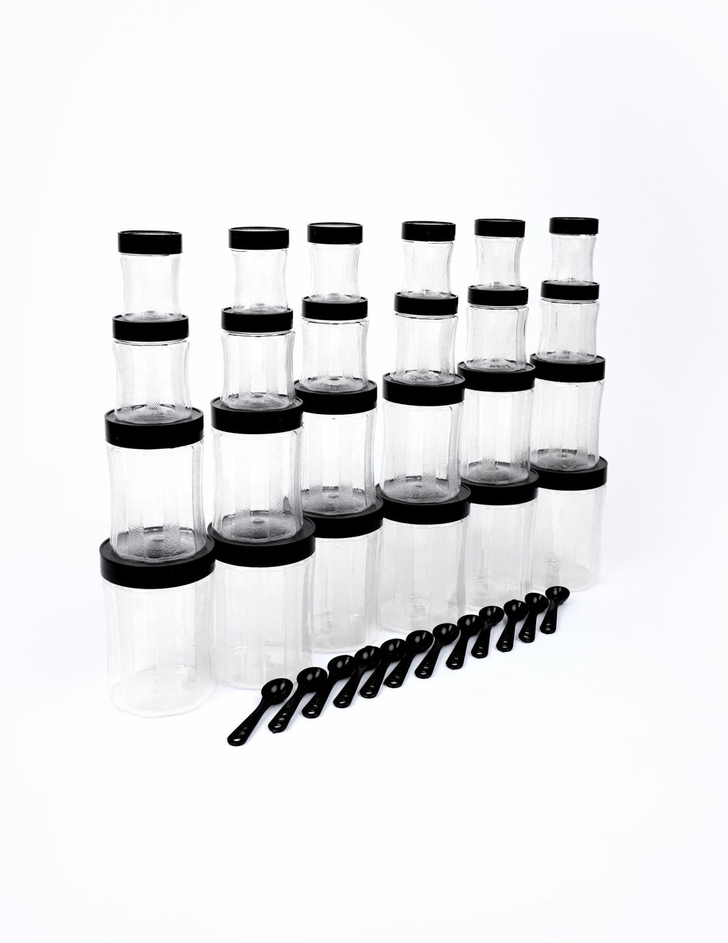 Pack Of 24 Premium Black Curvy Unbreakable Air Tight Curvy Plastic Containers Set for Kitchen Storage Container, Storage Container Jar, Plastic Grocery Container Round Dabba With Spoon Grocery Box with Different Capacities