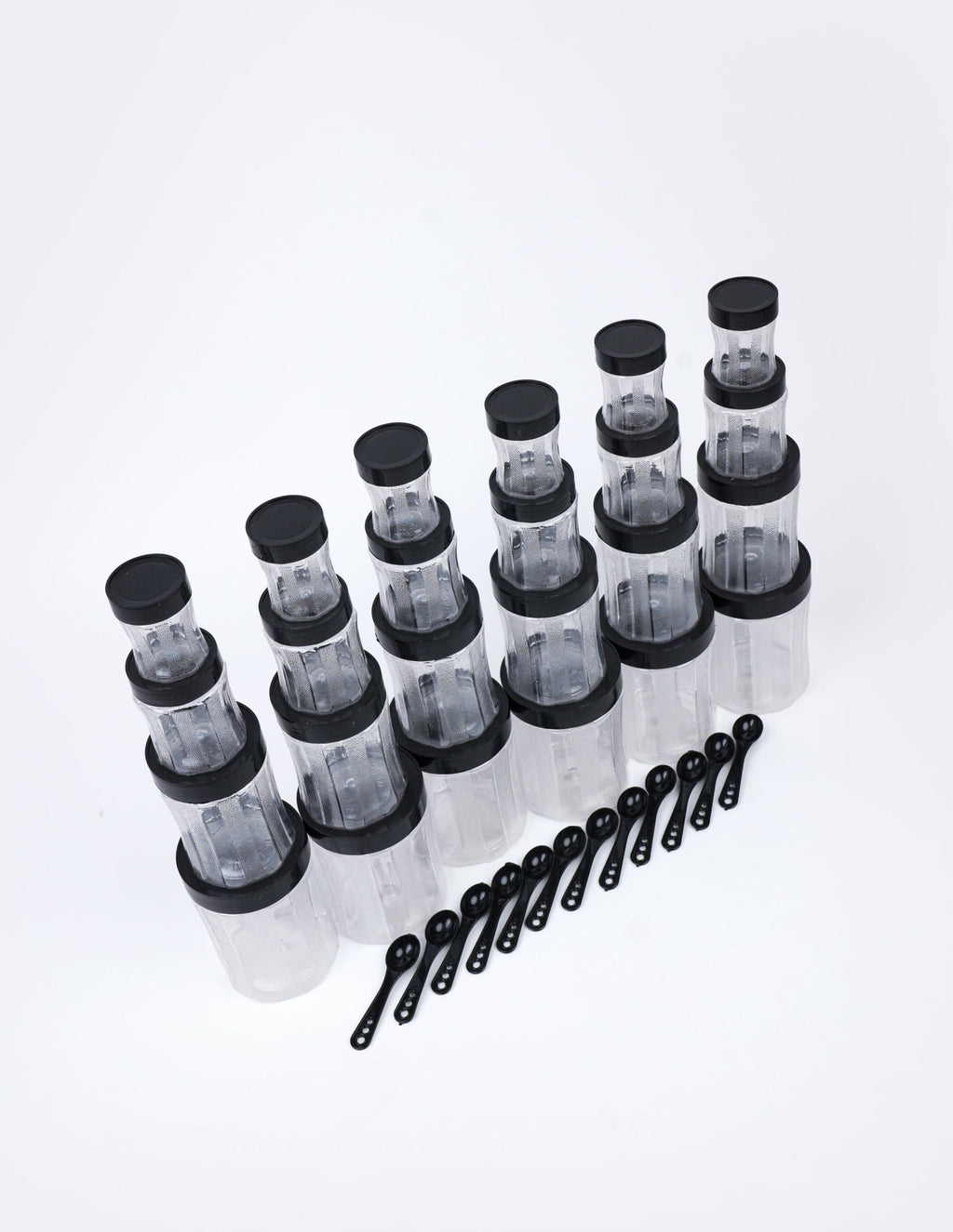 Pack Of 24 Premium Black Curvy Unbreakable Air Tight Curvy Plastic Containers Set for Kitchen Storage Container, Storage Container Jar, Plastic Grocery Container Round Dabba With Spoon Grocery Box with Different Capacities