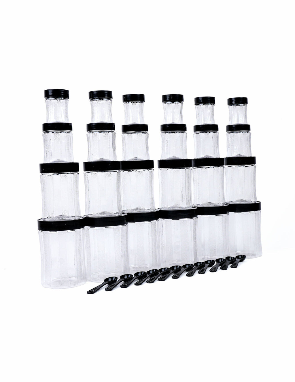 Pack Of 24 Premium Black Curvy Unbreakable Air Tight Curvy Plastic Containers Set for Kitchen Storage Container, Storage Container Jar, Plastic Grocery Container Round Dabba With Spoon Grocery Box with Different Capacities