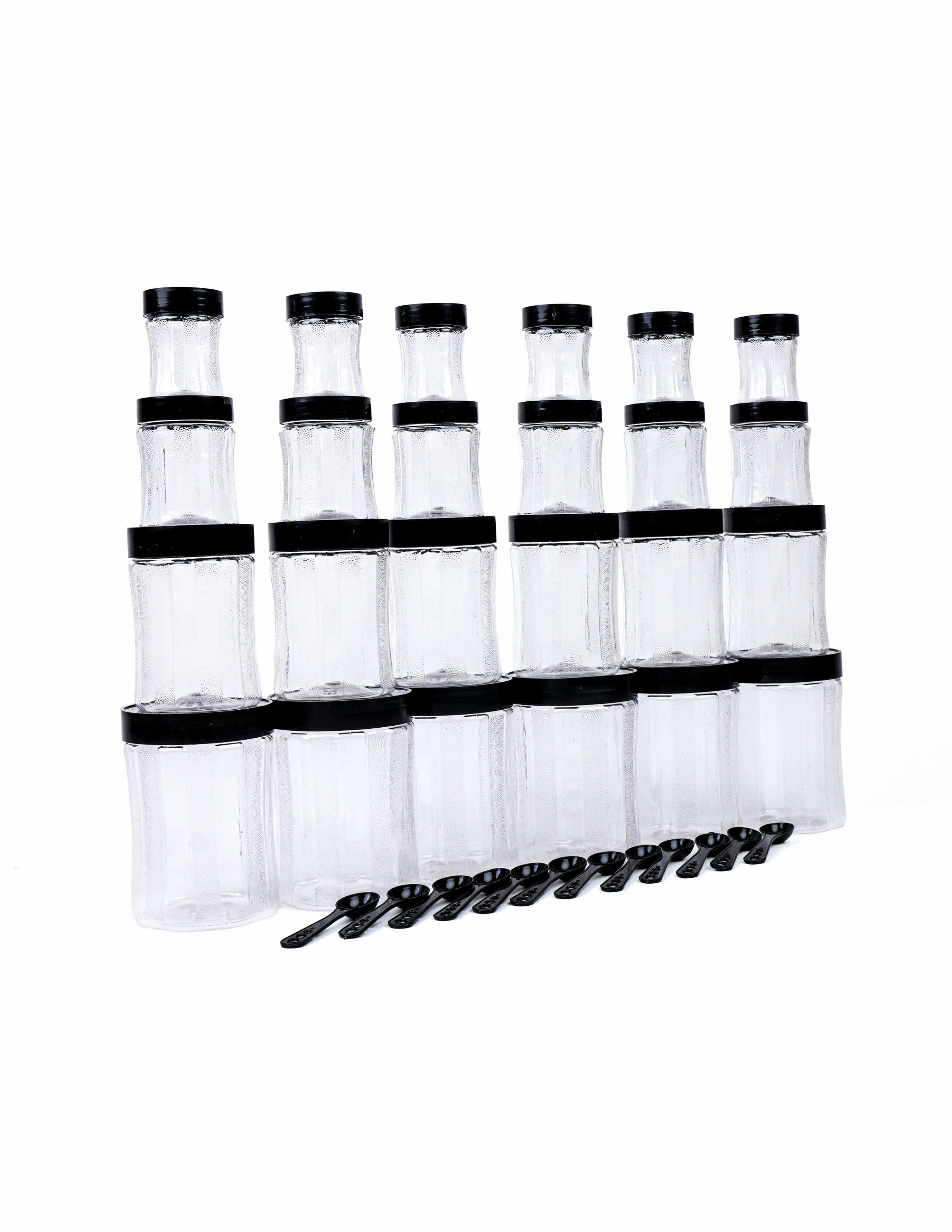 Pack Of 24 Premium Black Curvy Unbreakable Air Tight Curvy Plastic Containers Set for Kitchen Storage Container, Storage Container Jar, Plastic Grocery Container Round Dabba With Spoon Grocery Box with Different Capacities