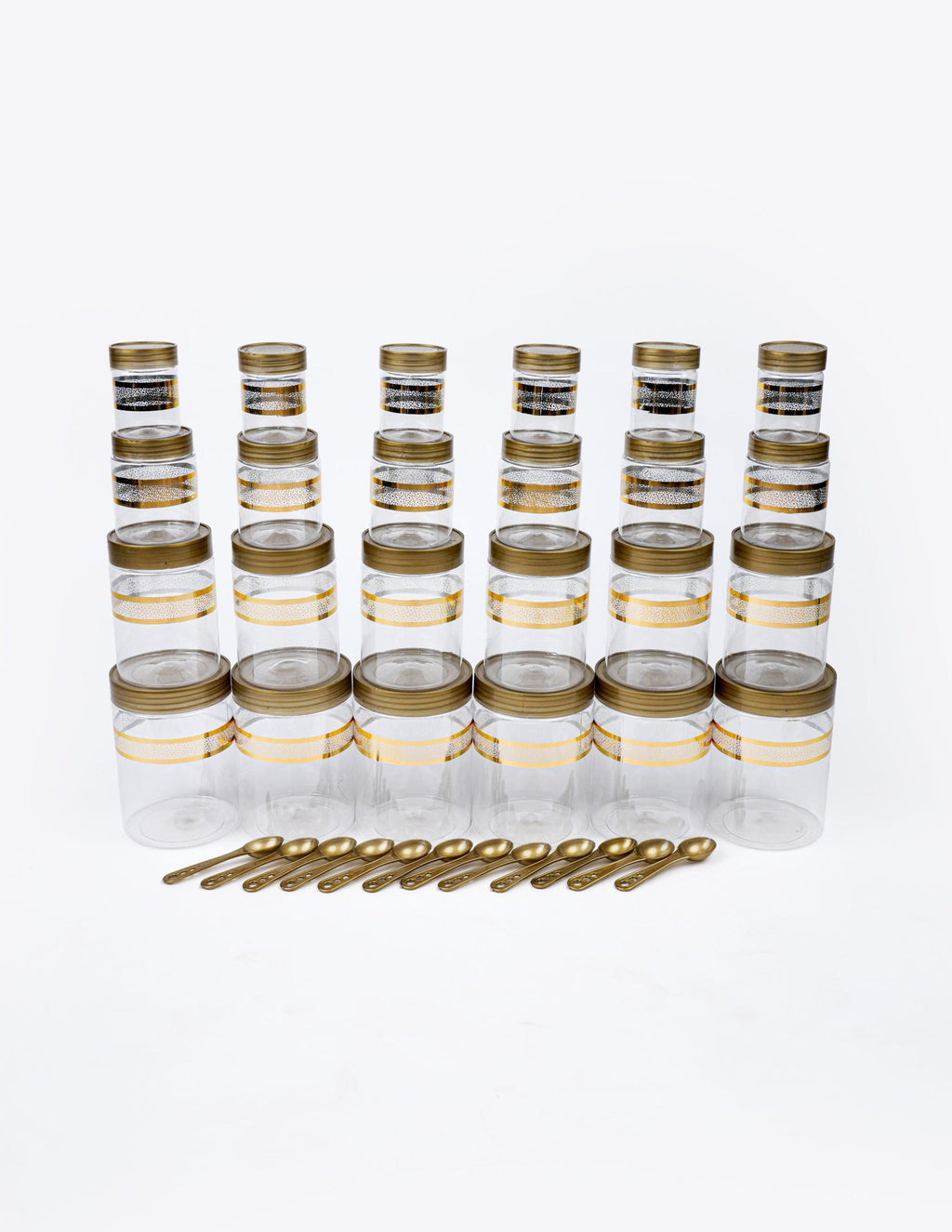Luxury Gold Finish Stackable Plastic Jar Set Airtight Kitchen Storage Containers for Masala Dry Fruits Pulses (24 pcs set)