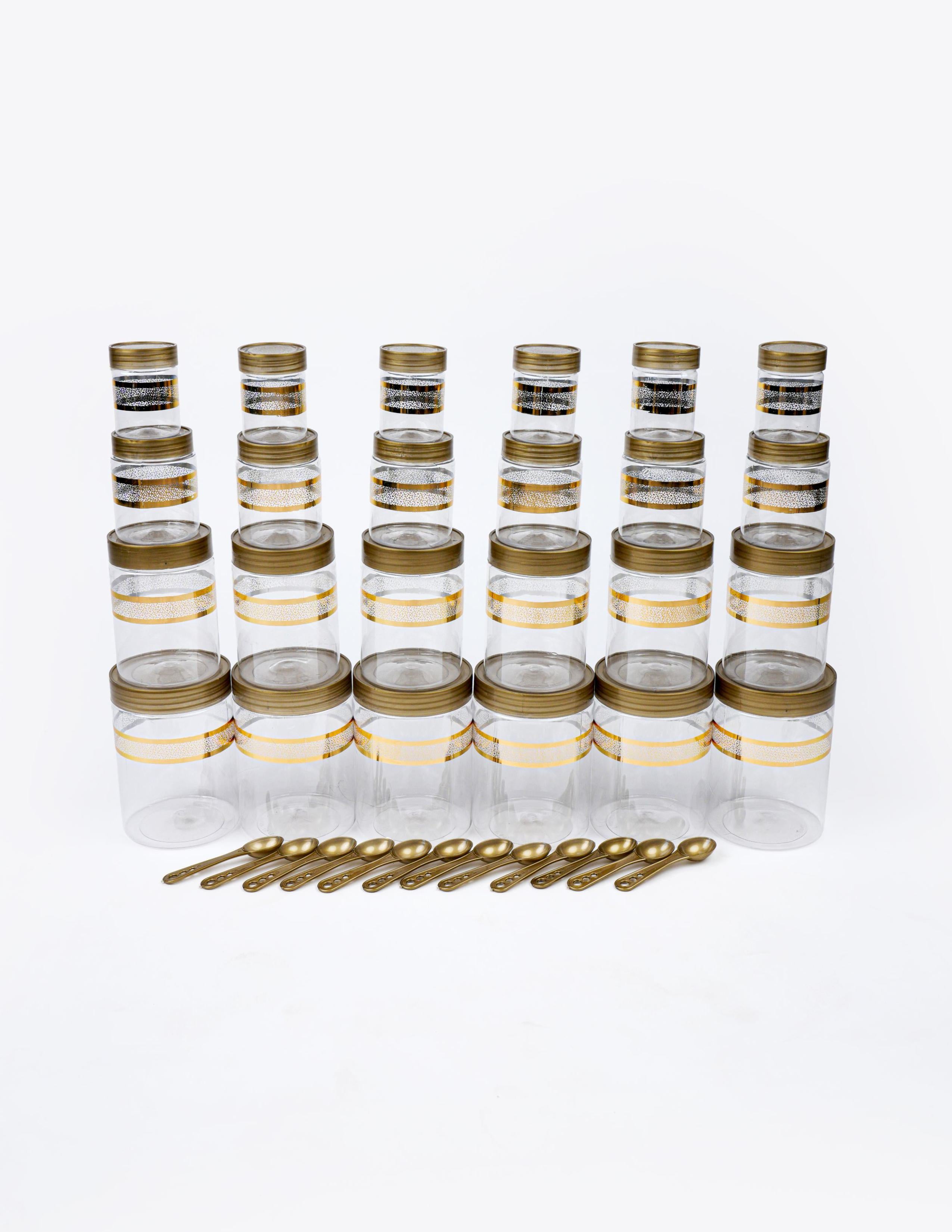 Luxury Gold Finish Stackable Plastic Jar Set Airtight Kitchen Storage Containers for Masala Dry Fruits Pulses (24 pcs set)