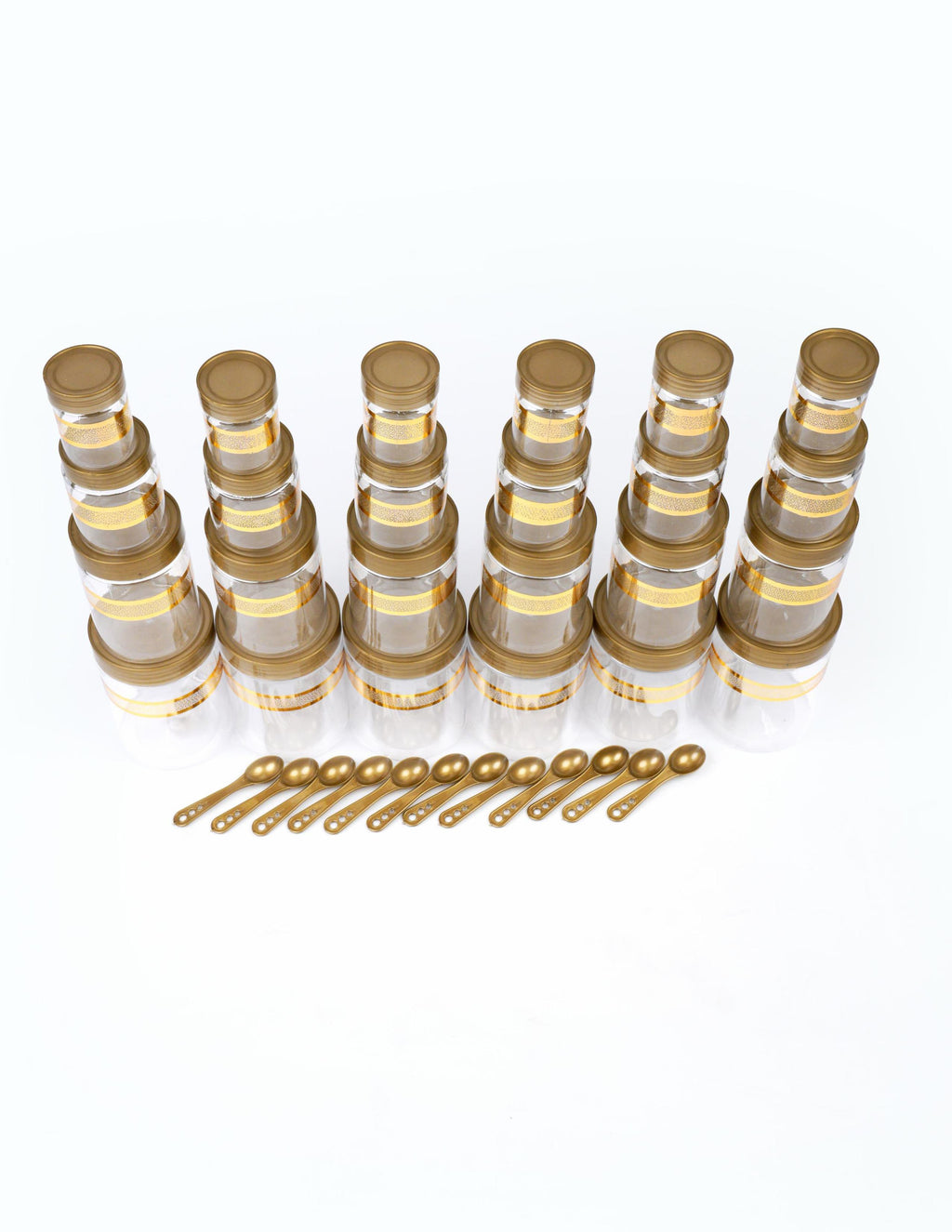 Luxury Gold Finish Stackable Plastic Jar Set Airtight Kitchen Storage Containers for Masala Dry Fruits Pulses (24 pcs set)