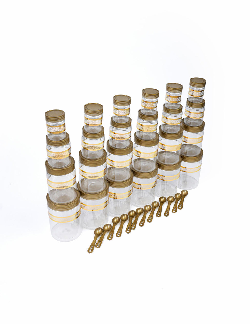 Luxury Gold Finish Stackable Plastic Jar Set Airtight Kitchen Storage Containers for Masala Dry Fruits Pulses (24 pcs set)
