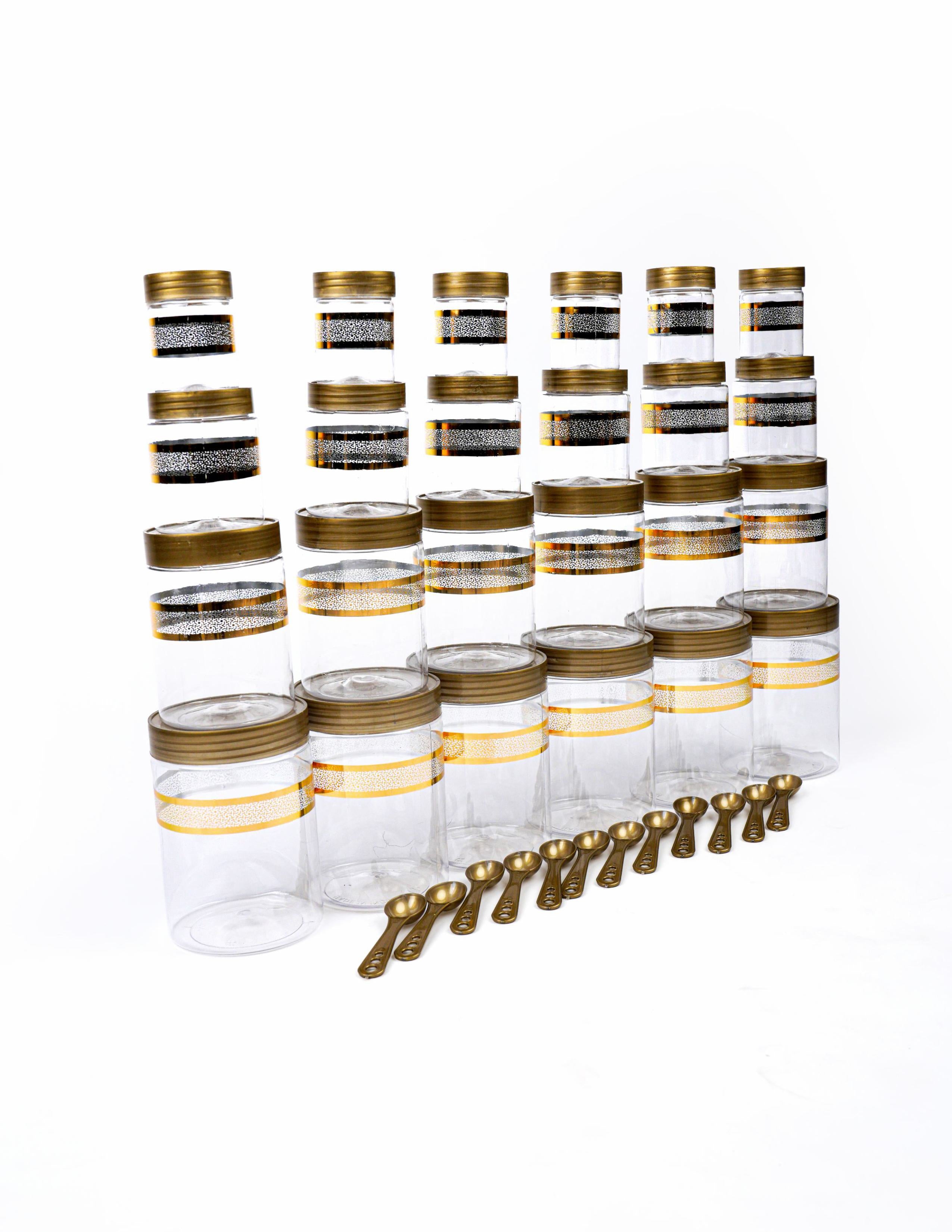 Luxury Gold Finish Stackable Plastic Jar Set Airtight Kitchen Storage Containers for Masala Dry Fruits Pulses (24 pcs set)