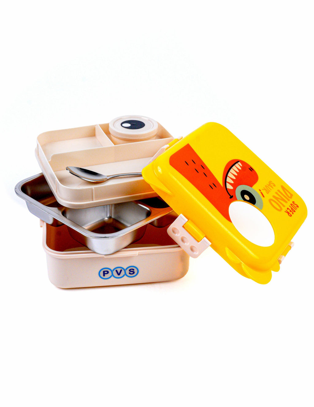 Yellow Kids Lunch Box – Stainless Steel (SUS304) Insulated Tiff-in for School with Spoon, BPA-Free | Leak-Resistant Box with Tray &amp; Container | 1120ml + 70ml (Yellow, Super Dinosaur)