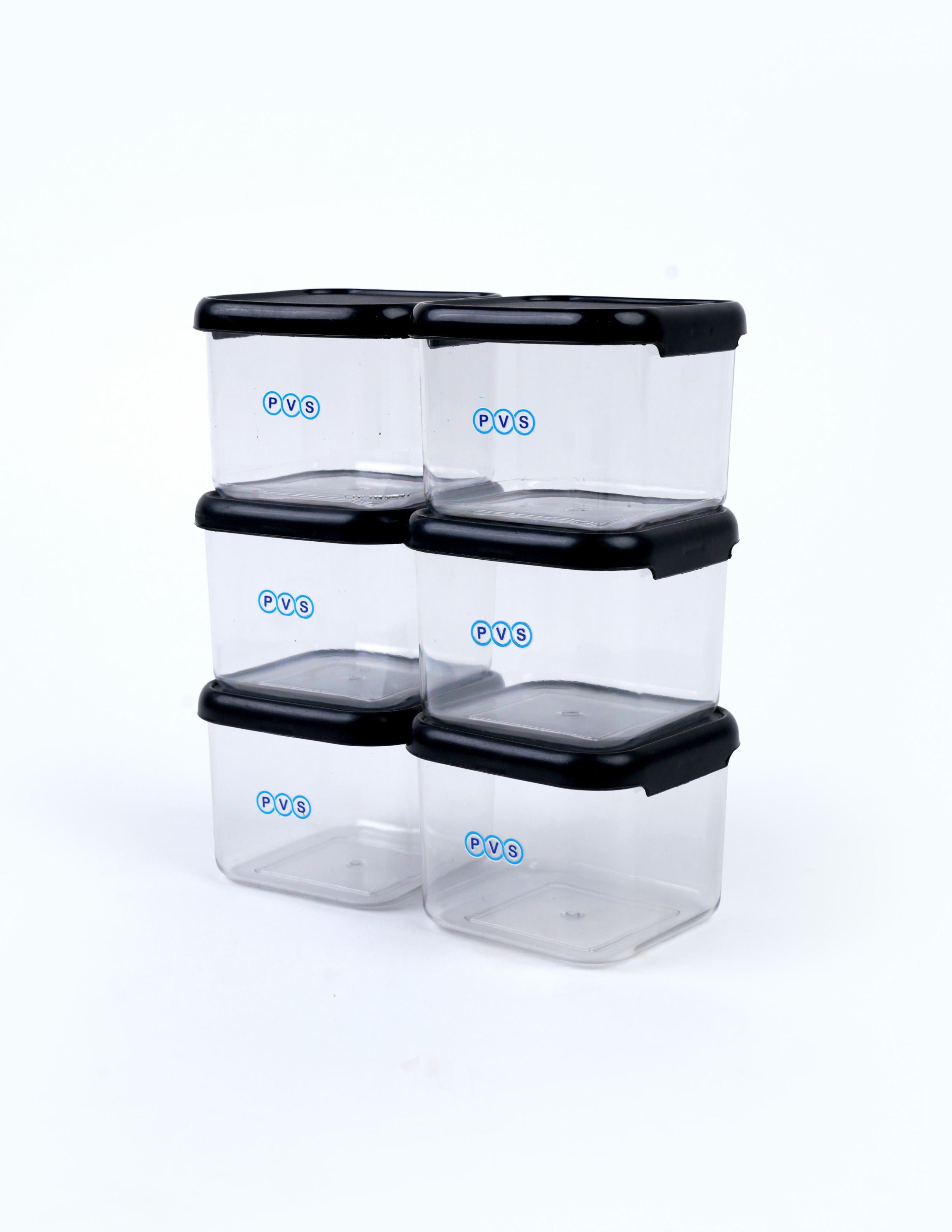 Veda Food Storage Containers with Black Lids,10 x 8 cm, Square Shape,Air Tight Kitchen Containers Set (Pack of 6, 500 ML) for Storage Pulses, Cereal,s Grains, Dry Fruits,BPA Free,Transparent Plastic