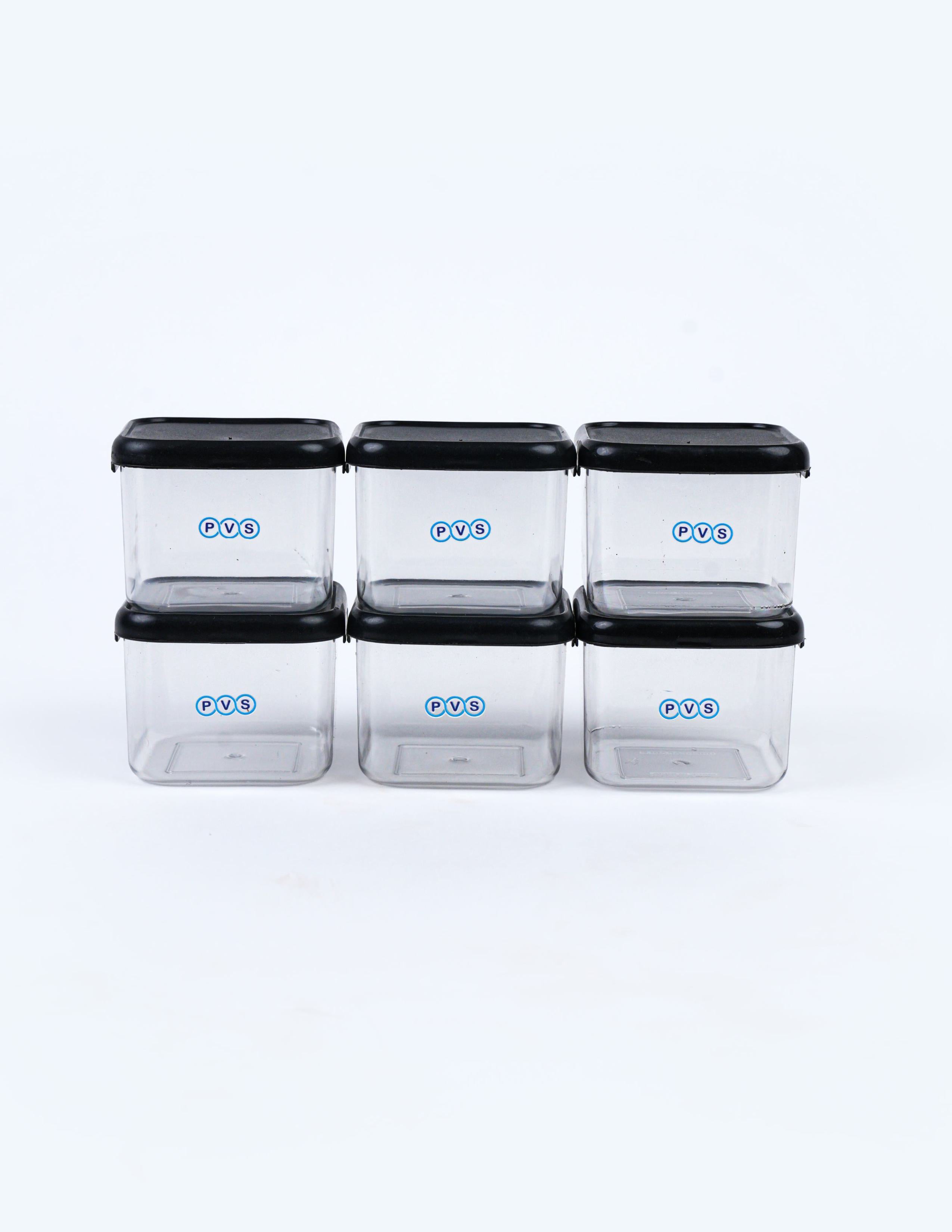 Veda Food Storage Containers with Black Lids,10 x 8 cm, Square Shape,Air Tight Kitchen Containers Set (Pack of 6, 500 ML) for Storage Pulses, Cereal,s Grains, Dry Fruits,BPA Free,Transparent Plastic