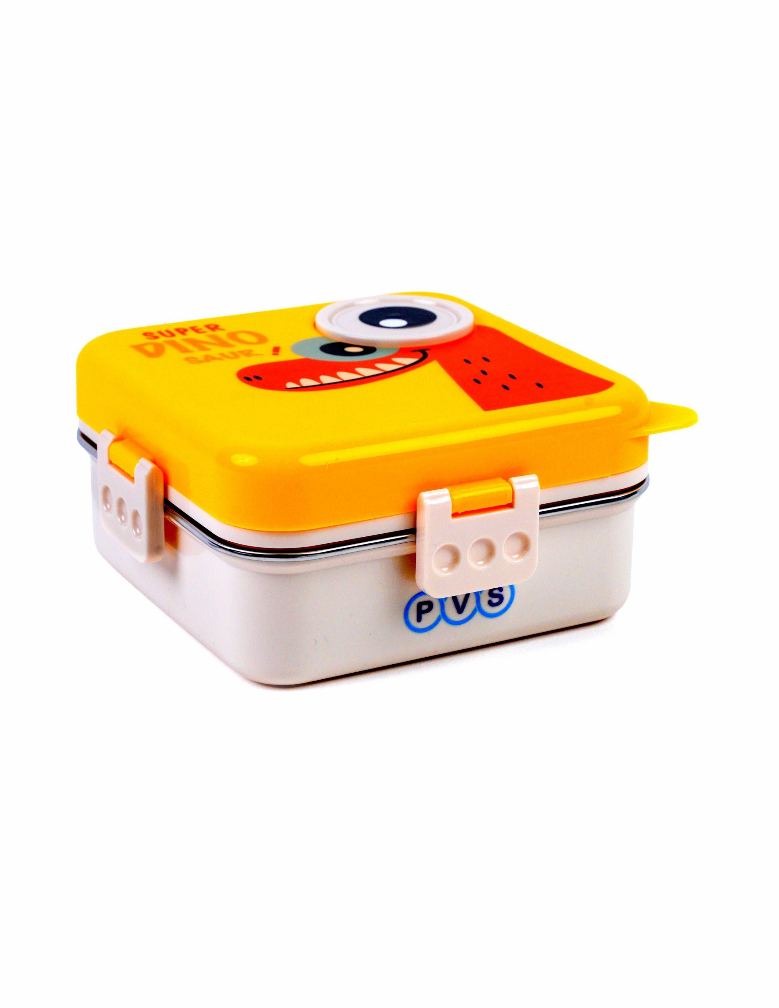 Yellow Kids Lunch Box – Stainless Steel (SUS304) Insulated Tiff-in for School with Spoon, BPA-Free | Leak-Resistant Box with Tray &amp; Container | 1120ml + 70ml (Yellow, Super Dinosaur)