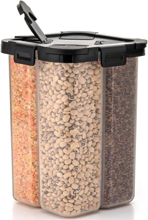 Square Airtight Transparent Plastic Lock Food Storage Container with 4 Sections | Leakproof Grocery & Fridge Organizer Jar | BPA Free Dry Food Storage Box for Kitchen Pantry