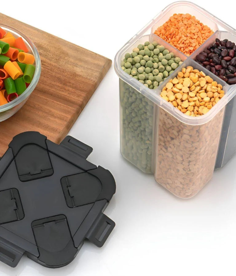 Square Airtight Transparent Plastic Lock Food Storage Container with 4 Sections | Leakproof Grocery & Fridge Organizer Jar | BPA Free Dry Food Storage Box for Kitchen Pantry