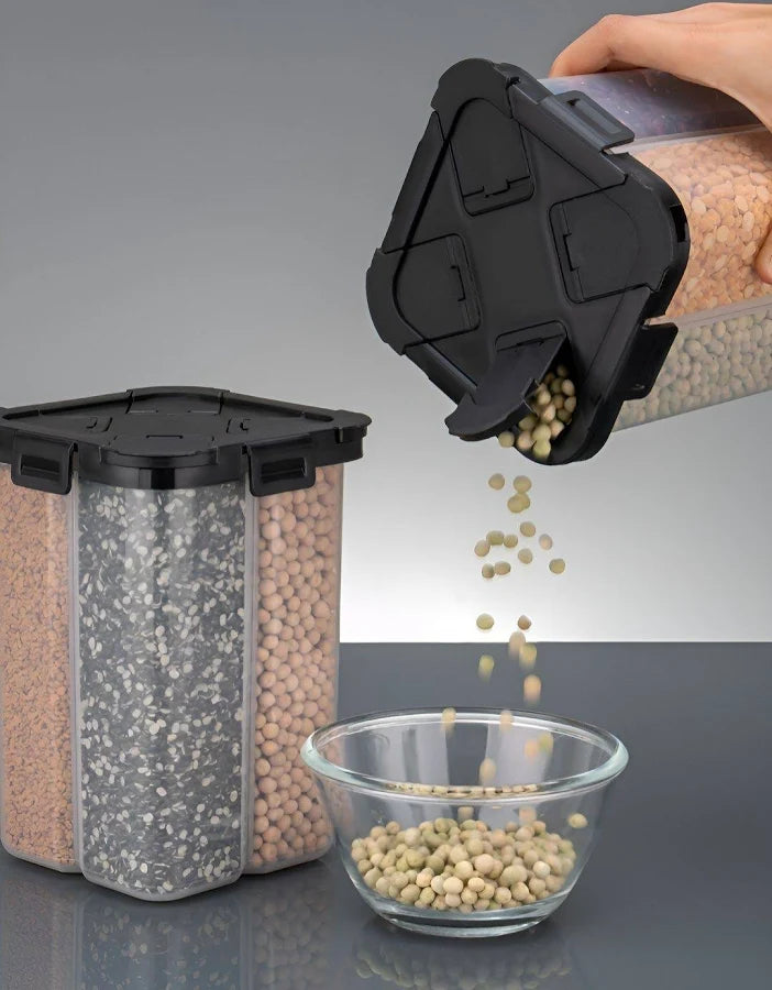 Square Airtight Transparent Plastic Lock Food Storage Container with 4 Sections | Leakproof Grocery & Fridge Organizer Jar | BPA Free Dry Food Storage Box for Kitchen Pantry